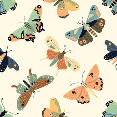 Seamless pattern with beautiful colorful butterflies, flat style vector illustration