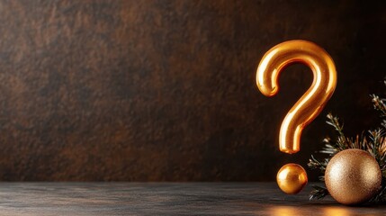 An elegant golden question mark rests beside holiday decorations, symbolizing inquiry and wonder, reflecting on the beauty of life, celebrations, and a sense of exploration.