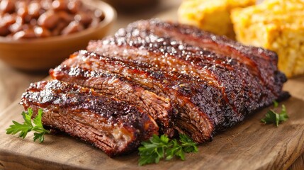Chuck Brisket concept. Mouth watering smoked brisket plated with coleslaw and garnishes