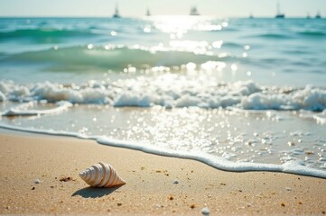 Seashell on sandy beach with waves and distant boats in sunlit seascape