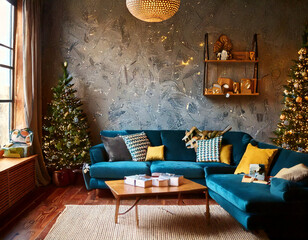 luxury home interior with christmas tree during the holiday season