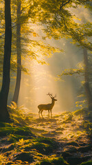 Fototapeta premium Mystical Dawn: A Serene Forest Scene with Graceful Deer Amidst Golden Sunlight and Fog