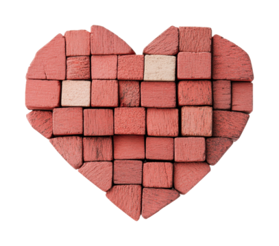 Red wooden heart mosaic of blocks on black background, cut out