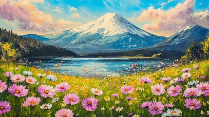 Obraz premium Mountain landscape with colorful flowers lake view nature scene scenic environment serene concept