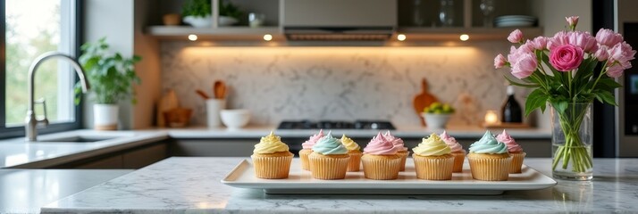 Cupcakes with colorful frosting on marble counter in modern kitchen with flowers