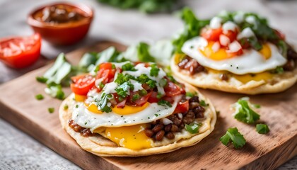 Huevos Rancheros tostadas with fried egg, tomato salsa, bean paste and cheese on wooden board
