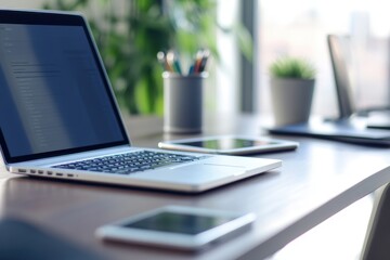 Closeup of calendar and laptop computer and mobile phone on table in office with nobody