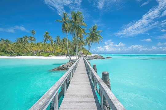 Tropical paradise wooden boardwalk leading to a pristine beach. Turquoise water, palm trees, and a clear blue sky create a serene scene