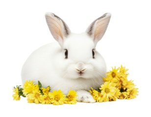 Adorable white bunny surrounded by bright yellow flowers, cut out