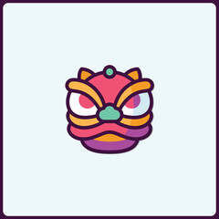 Whimsical depiction of a chinese lion dance head icon with vibrant palette