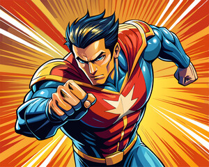 Pop art vintage comic book style superhero throwing punch and fighting with onomatopoeia vector poster © Anastasia