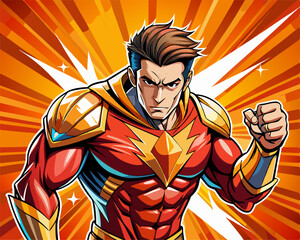 Powerful superhero with outstretched arms, dynamic comic book style illustration. © Anastasia