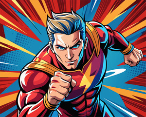 Pop art vintage comic book style superhero throwing punch and fighting with onomatopoeia vector poster design illustration