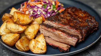 Chuck Brisket concept. Smoked brisket with homemade roasted potatoes and slaw