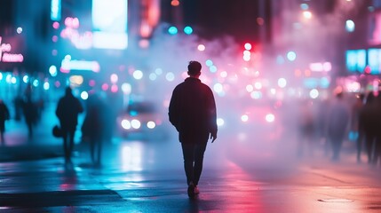 Walking through vibrant city lights on a hazy night creates a dreamlike atmosphere full of energy