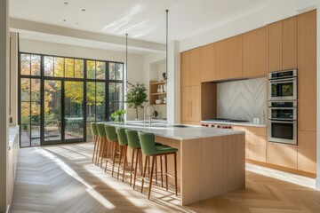 Obraz premium Modern kitchen with island, wood cabinets, and large windows.
