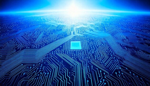 High-tech circuit board background, abstract digital technology presentations, electronic components, digital infrastructure, blue tech theme, modern electronics evolution expansion background