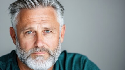 Fototapeta premium A close-up portrait of a mature man with a well-groomed beard and thoughtful expression, emphasizing wisdom and character against a simple gray background.
