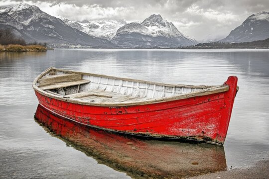 Red Rowboat on a Serene Alpine Lake