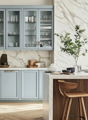 Modern kitchen with light blue cabinets, marble countertops, and wooden bar stools.