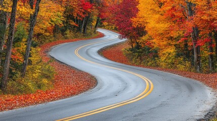 Fototapeta premium A curving road with vibrant autumn foliage in shades of red, orange, and yellow on both sides