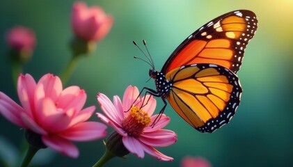 Fototapeta premium Intricate butterfly wing detail, soft focus background, blurred flowers, macro, butterfly photography, spring