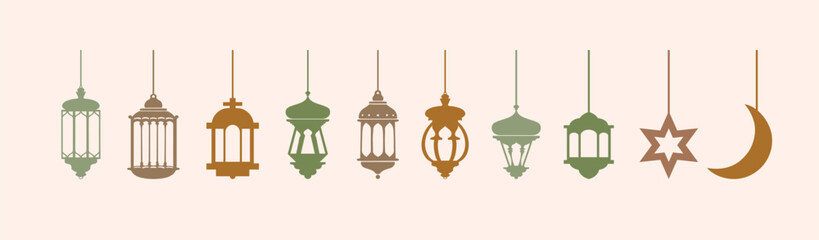 Set of soft green, brown and cream ramadan lanterns in white silhouette, collection of flat style design vector illustrations of happy ramadan lantern decoration.