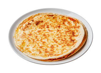 Cheese and tomato quesadilla on white plate - delicious mexican dish with crispy tortilla and melty cheese, cut out
