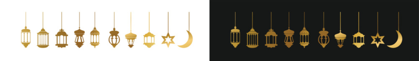Obraz premium Set of ramadan Gold lanterns in white silhouette, collection of flat style design vector illustrations of happy ramadan lantern decoration. isolated on black and white background