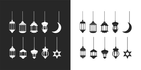 Arabic traditional Ramadan Kareem eastern lanterns garland. Muslim ornamental hanging golden lanterns, stars and moon vector illustration. Islamic oriental garland. Muslim holiday lantern traditional