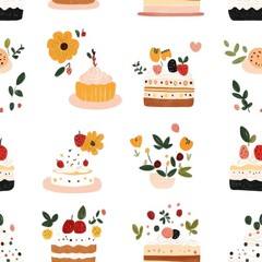 Seamless pattern showcasing layers of cake with a smooth, creamy texture, perfect for dessert-themed designs.