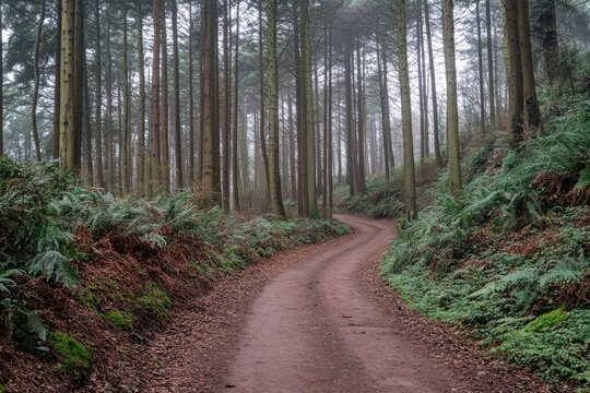 Misty forest path winding through tall trees