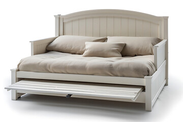Stylish white wooden daybed with pull-out trundle, multifunctional sofa bed, modern space-saving furniture, elegant guest bed, cozy seating, durable frame, home decor, compact design.

