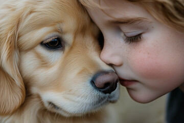 A touching photo capturing friendship between a 5-year-old boy and a golden retriever puppy, with an intense close-up shot highlighting their connection and tender expressions.