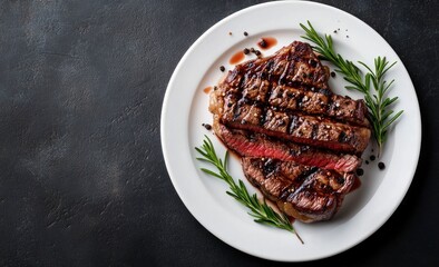 Delicious Grilled Steak with Rosemary on a Plate Ready to Eat