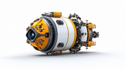 An advanced mechanical device featuring a sleek design with yellow and white accents, showcasing futuristic technology.