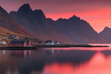 Gardinen Serene fjord village at vibrant sunset.  Mountainous landscape reflected in calm waters.  Colorful autumn foliage © shafiyyah