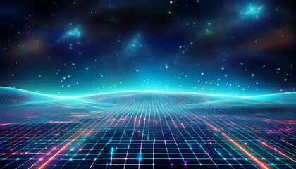Obraz premium Sci-fi neon grid patterns overlaid with soft, blurry textures of distant stars, creating a futuristic, cosmic landscape that blends technology with the vastness of space. 