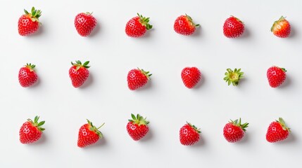 Scattered ripe red strawberries arranged neatly on a white background highlighting the fresh vibrant fruit with a minimalistic aesthetic for healthy food and nutrition concepts