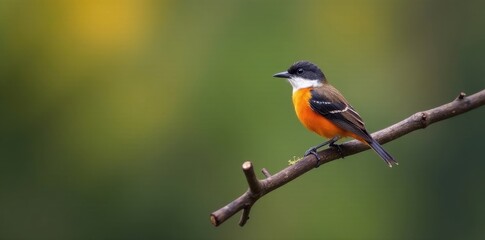 Fototapeta premium Small bird perched on a thin, gnarled Chilean branch against a blurred background, stock photo, branch