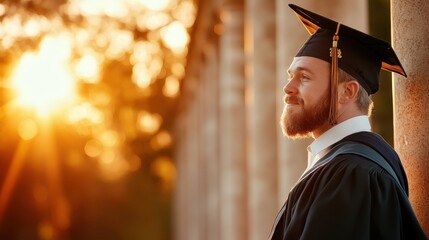 A joyful graduate stands against a sunlit backdrop, capturing the essence of achievement and celebration as the golden rays shine through the trees in a serene moment.