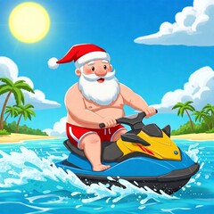 Naklejka premium Santa's Jet Ski Ride: A Summer Holiday Thrill