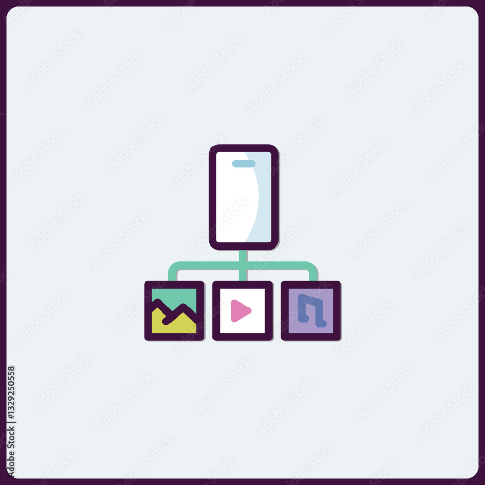 Poster stylized smartphone icon representing data distribution and flowchart diagram