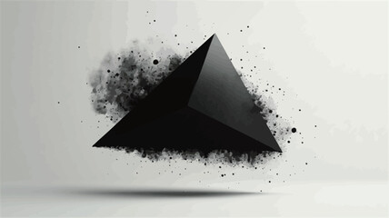 Fototapeta premium The image features a three-dimensional render of a black, triangular pyramid against a white background. The pyramid appears to be floating slightly above a surface, with a cloud of dark dust or
