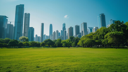 Obraz premium beautiful Lush green morning city park landscape with city skyscraper building during bright sunny summer season day 