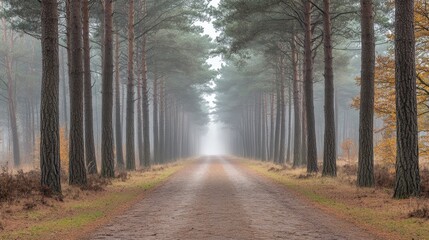 Fototapeta premium A foggy forest road with tall pine trees standing symmetrically on either side