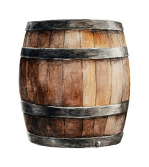 Obraz premium Watercolor wooden barrel with metal bands detailed artistic painting, cut out