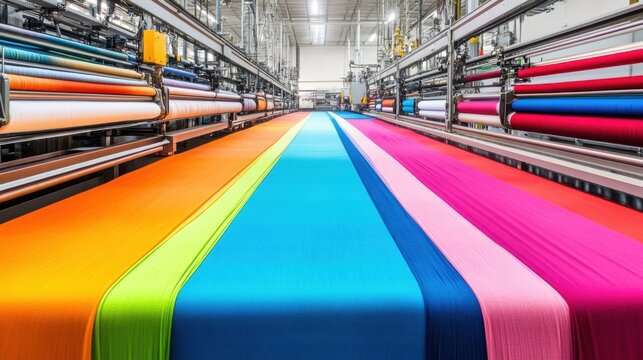 A fully automated textile dyeing machine processing vibrant-colored fabrics in a factory