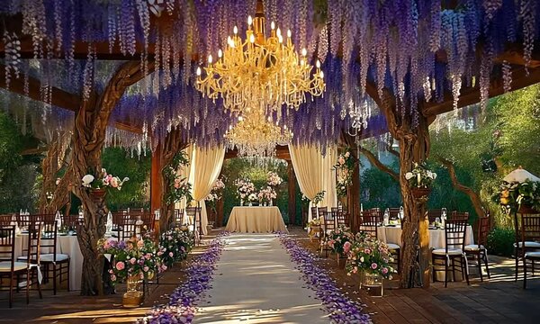 A long, narrow room with a purple carpet