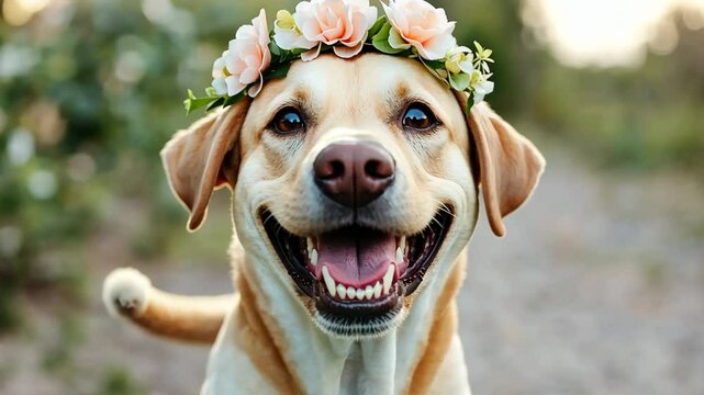 A dog with a flower crown on its head is smiling